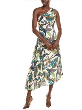 Nicole Miller Keyhole Pleated One-Shoulder Midi Dress size 16